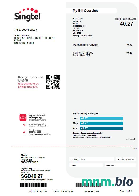 Szablon rachunku za media Singapore Singtel w formatach Word i PDF